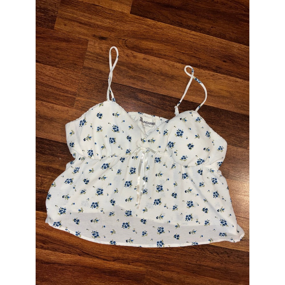 No Boundaries White Blue Floral Cami Top Babydoll Peplum XL 15-17 Cottagecore